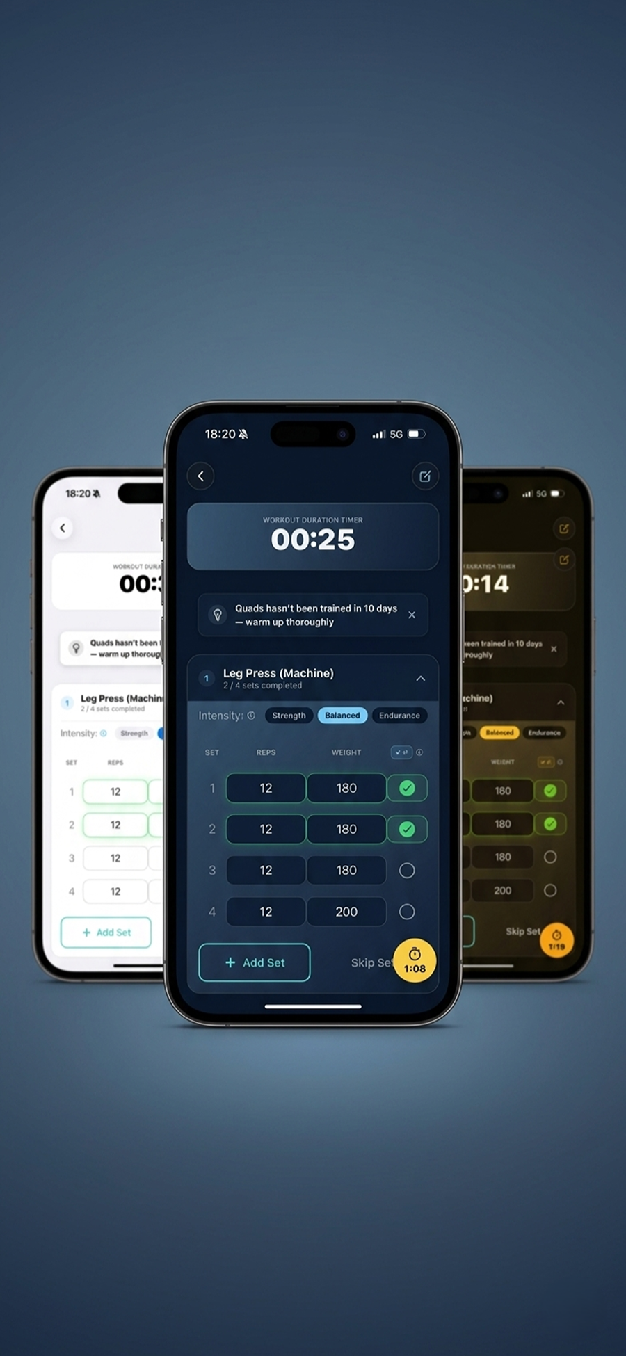 Active workout tracking screen in VolumeLogic